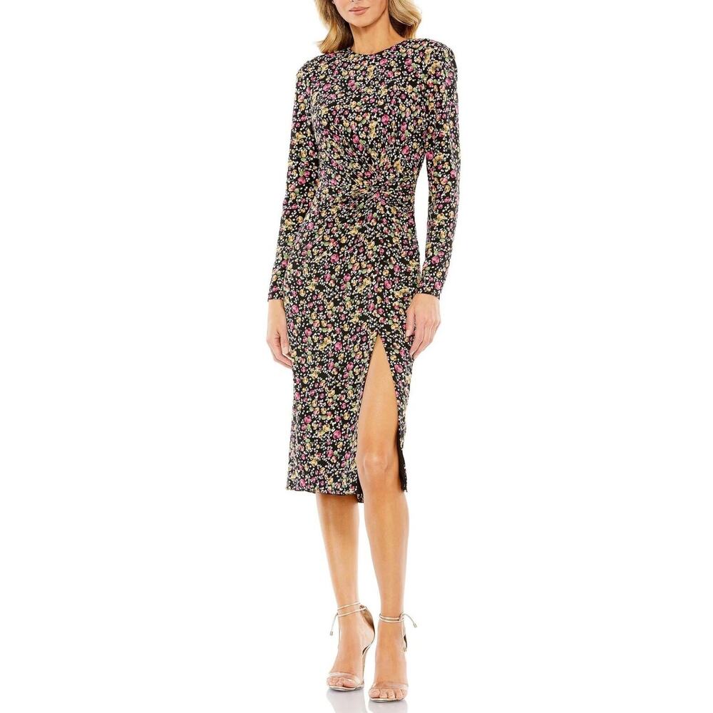 Mac Duggal 26915 Black Cocktail Dress Floral Long Sleeve Midi Sheath Size 4